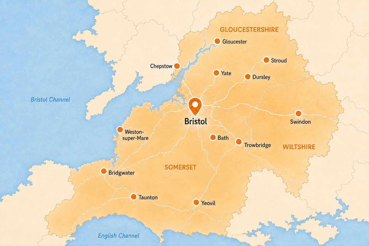 Map of Bristol and the surrounding South West towns and areas supported by Bristol Revert Network