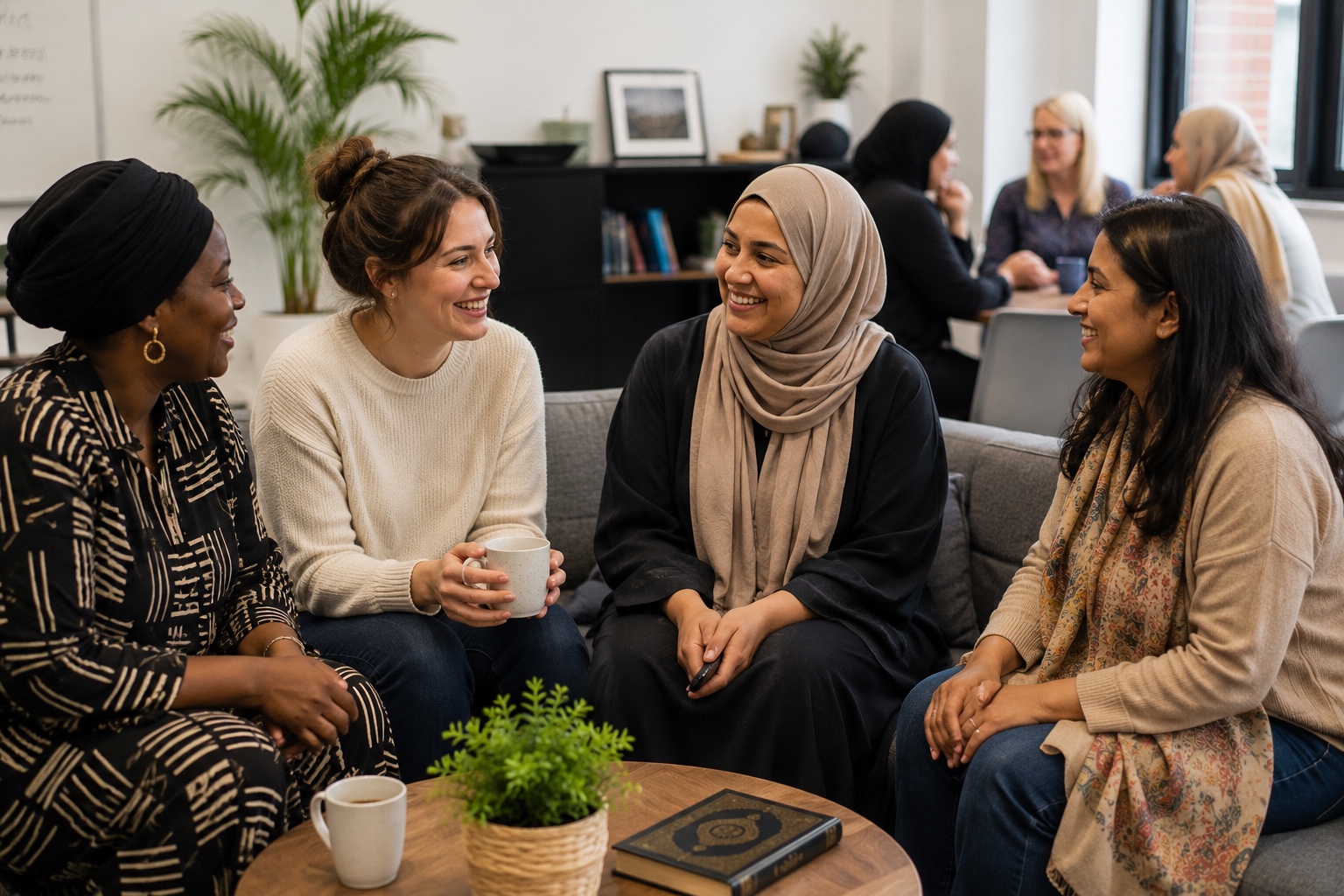 A group of sisters chatting over coffee at a Bristol Revert Network social